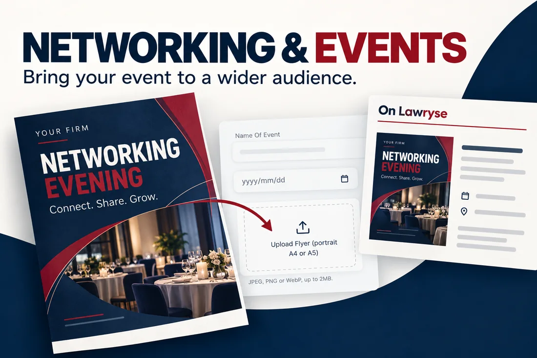 Two attorneys networking over coffee beside an event invitation and calendar