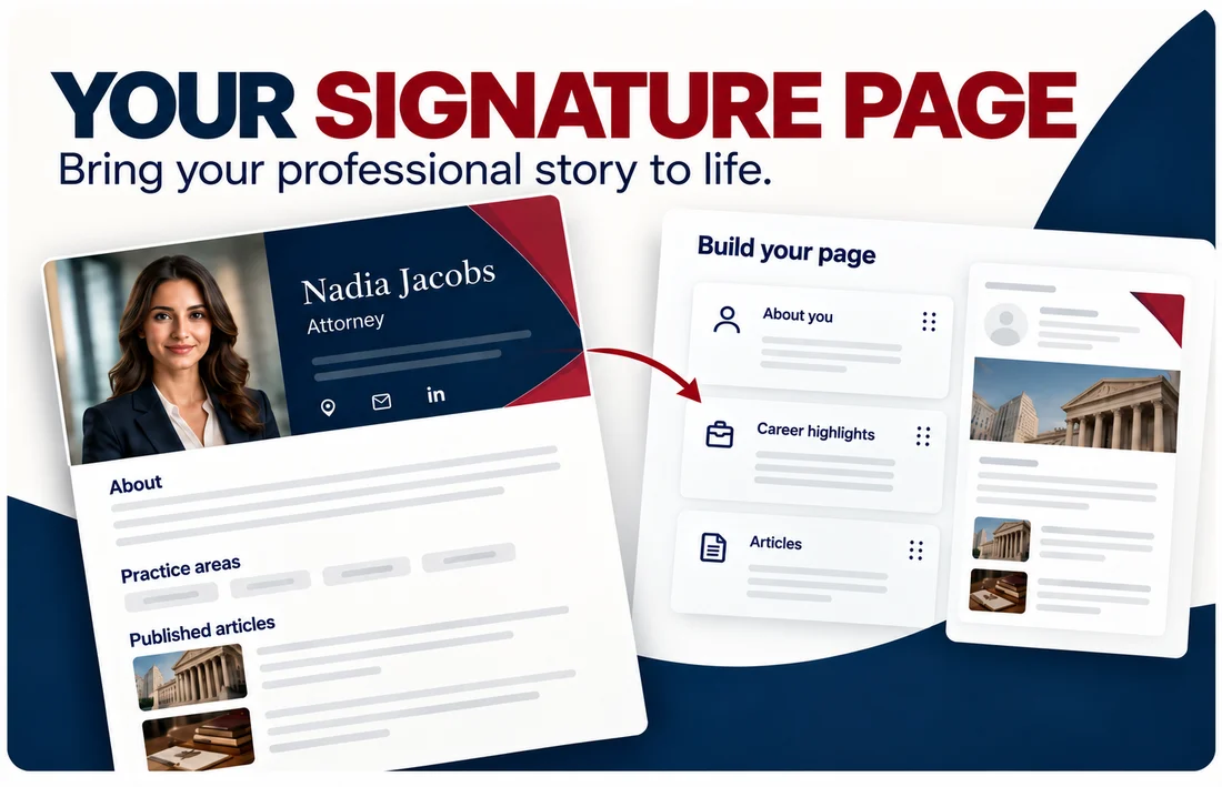 Your Signature Page: bring your professional story to life, with a page builder beside a finished attorney page